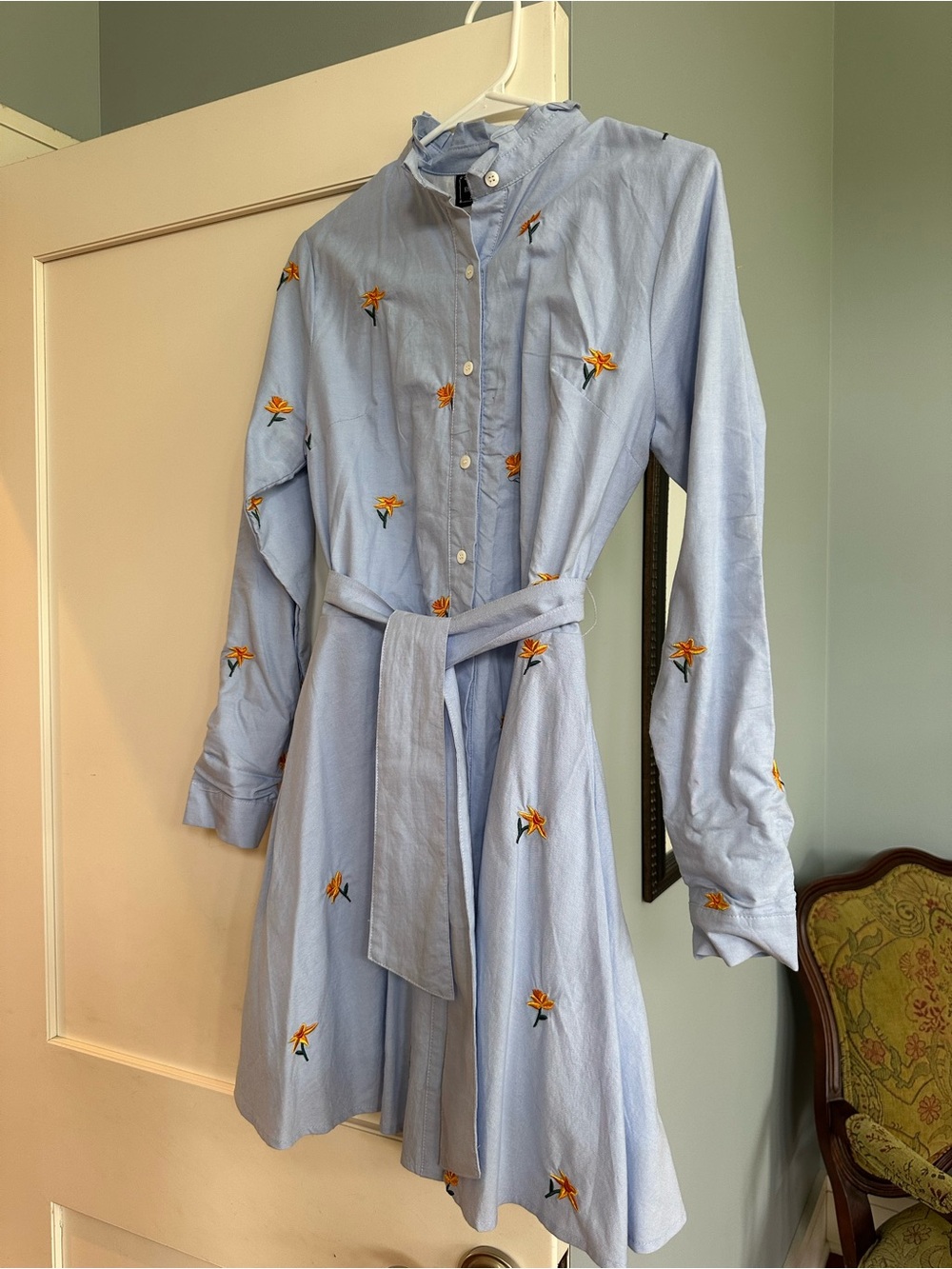 Kiel James Patrick Light Blue Cotton Button-Up with Orange Embroidery